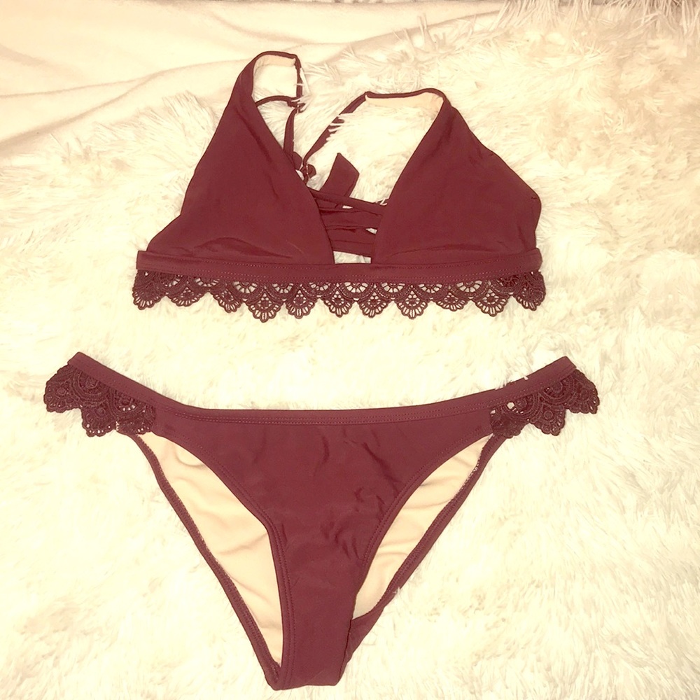 Maroon lace detail bikini